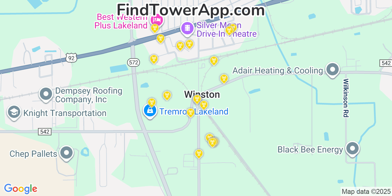 Map showing the 20 primary cell tower locations detected in Winston, Florida from AT&T, Verizon, and T-Mobile networks