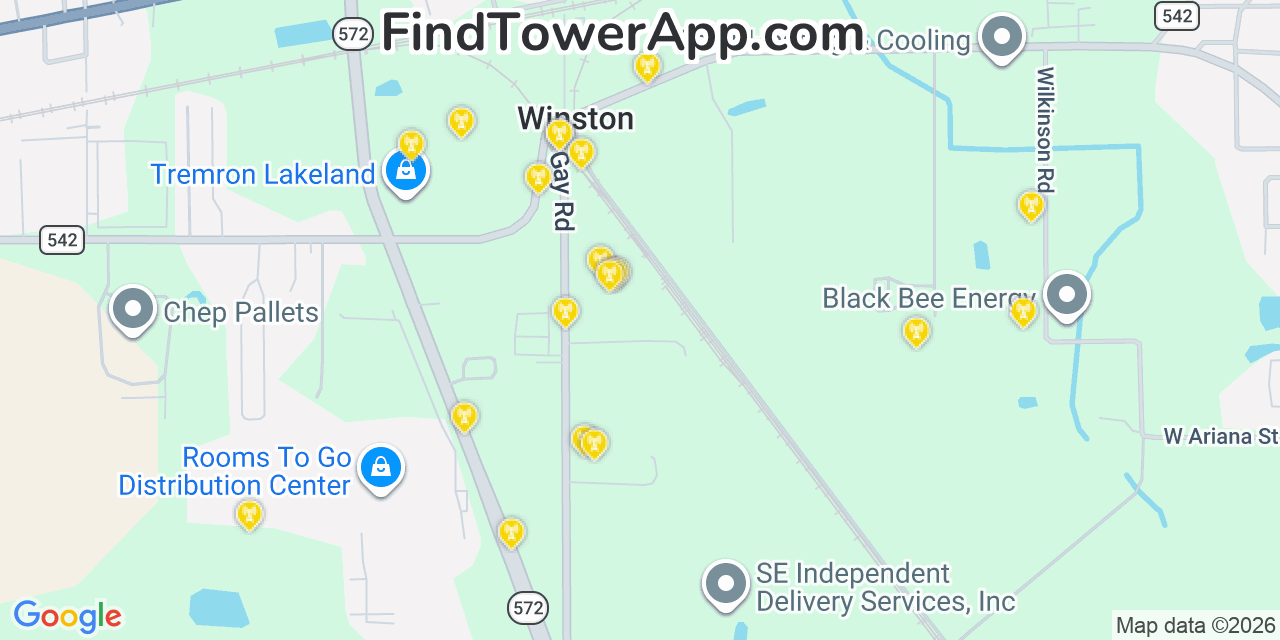 Map showing the 20 primary cell tower locations detected in Winston, Florida from AT&T, Verizon, and T-Mobile networks
