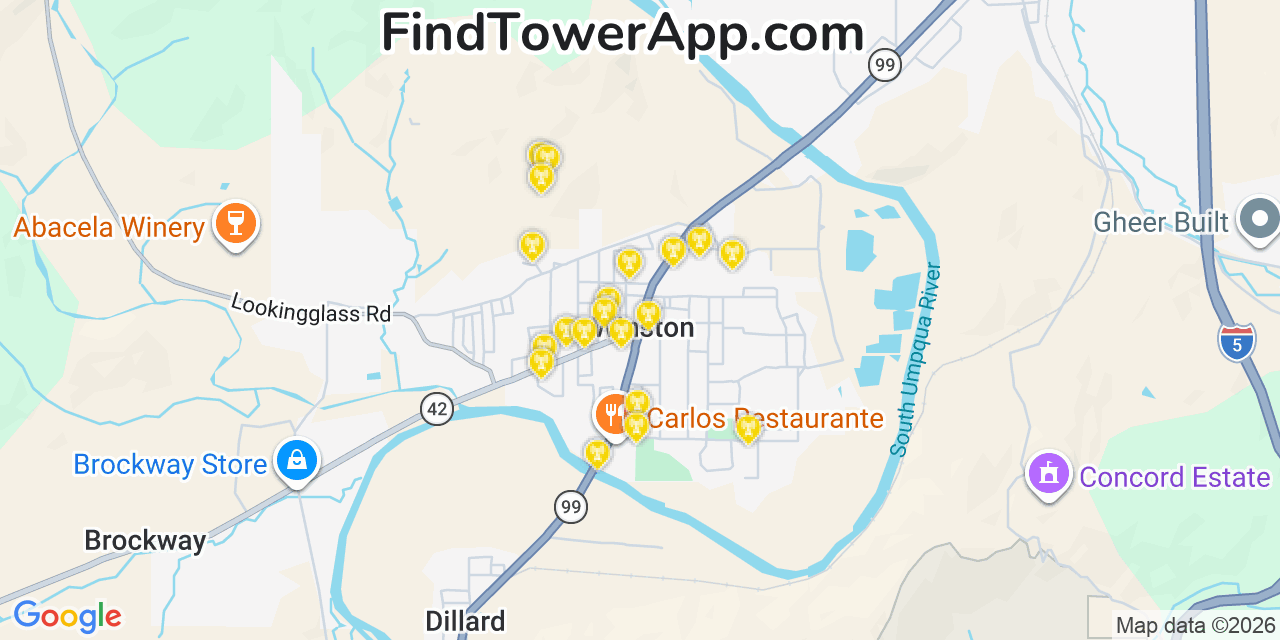 Map showing the 20 primary cell tower locations detected in Winston, Oregon from AT&T, Verizon, and T-Mobile networks