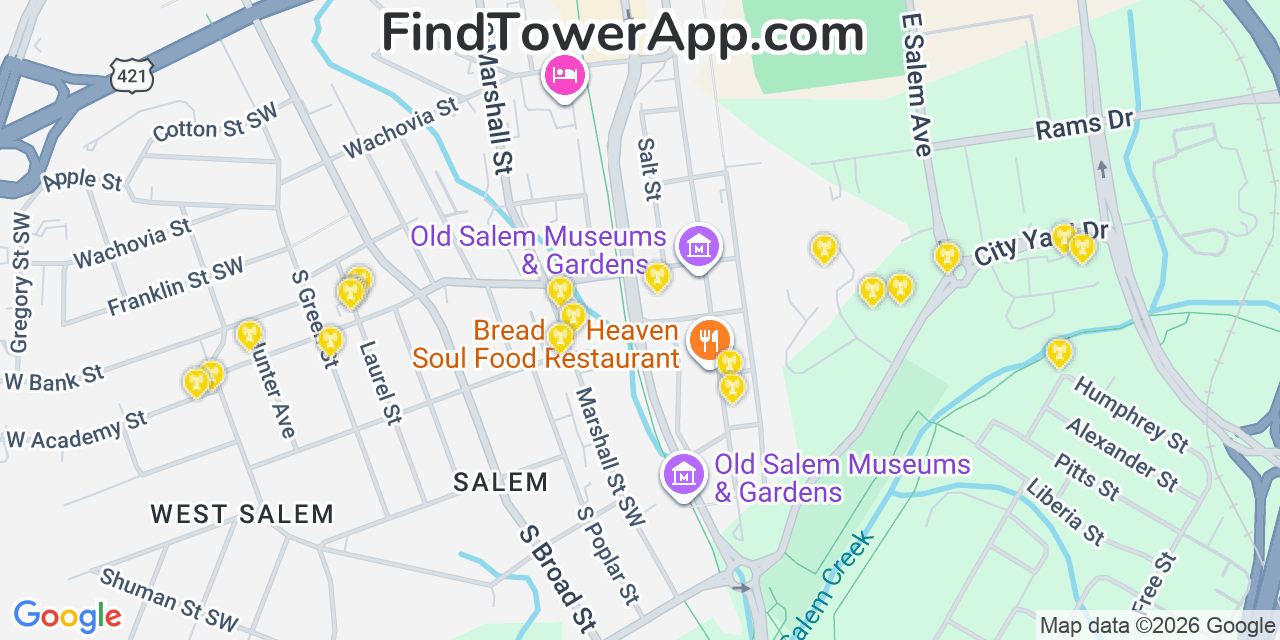 Map showing the 20 primary cell tower locations detected in Winston Salem, North Carolina from AT&T, Verizon, and T-Mobile networks