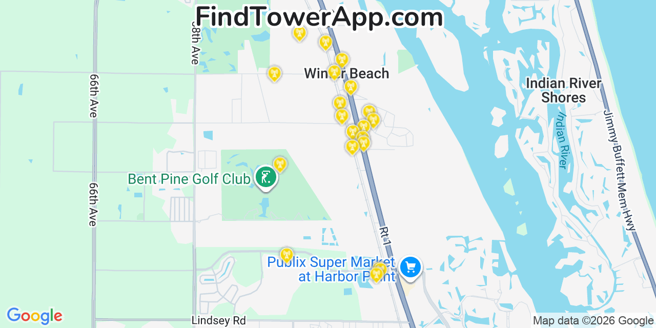 Map showing the 20 primary cell tower locations detected in Winter Beach, Florida from AT&T, Verizon, and T-Mobile networks