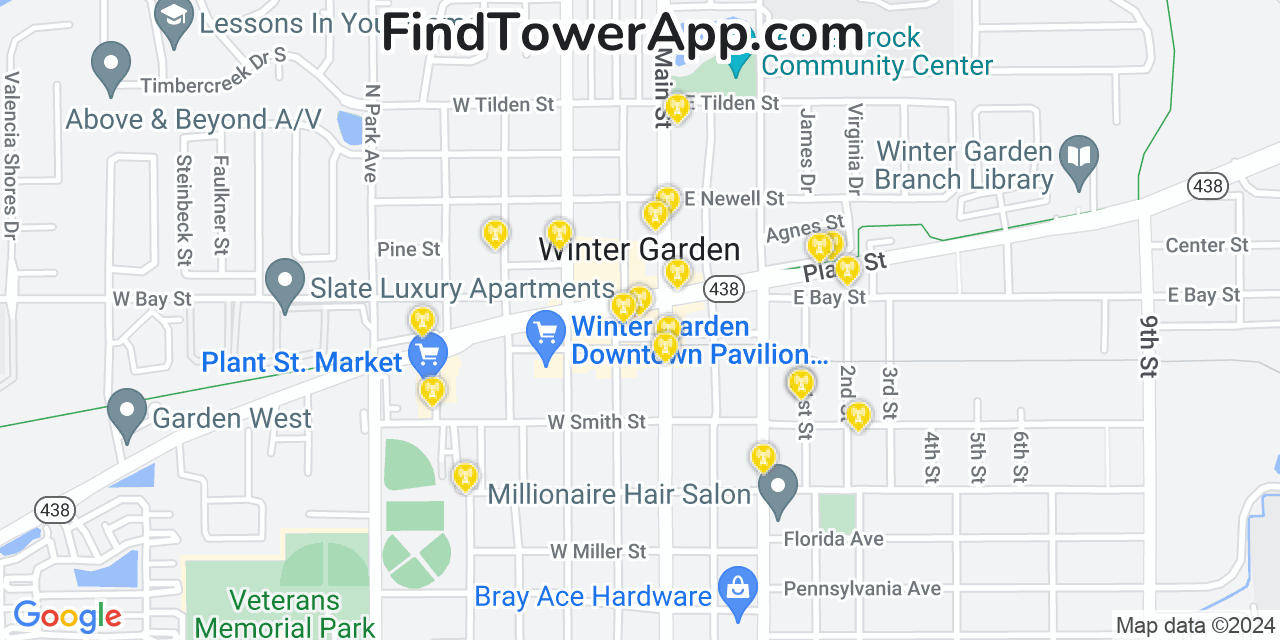 AT&T 4G/5G cell tower coverage map Winter Garden, Florida