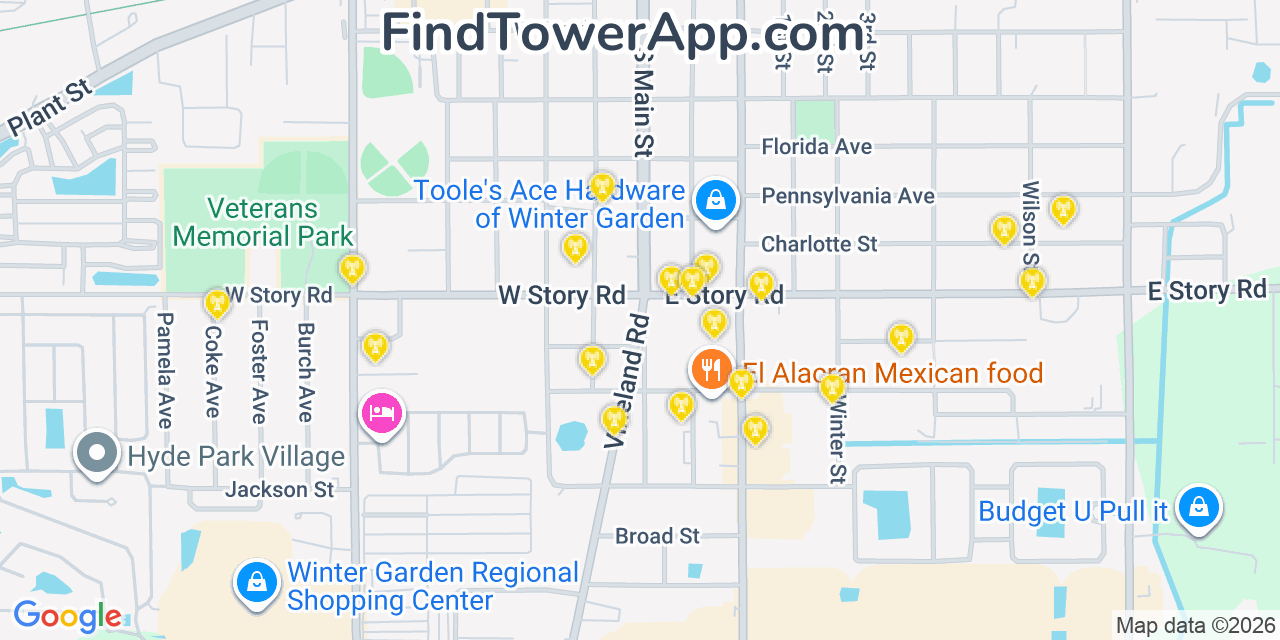 Map showing the 20 primary cell tower locations detected in Winter Garden, Florida from AT&T, Verizon, and T-Mobile networks