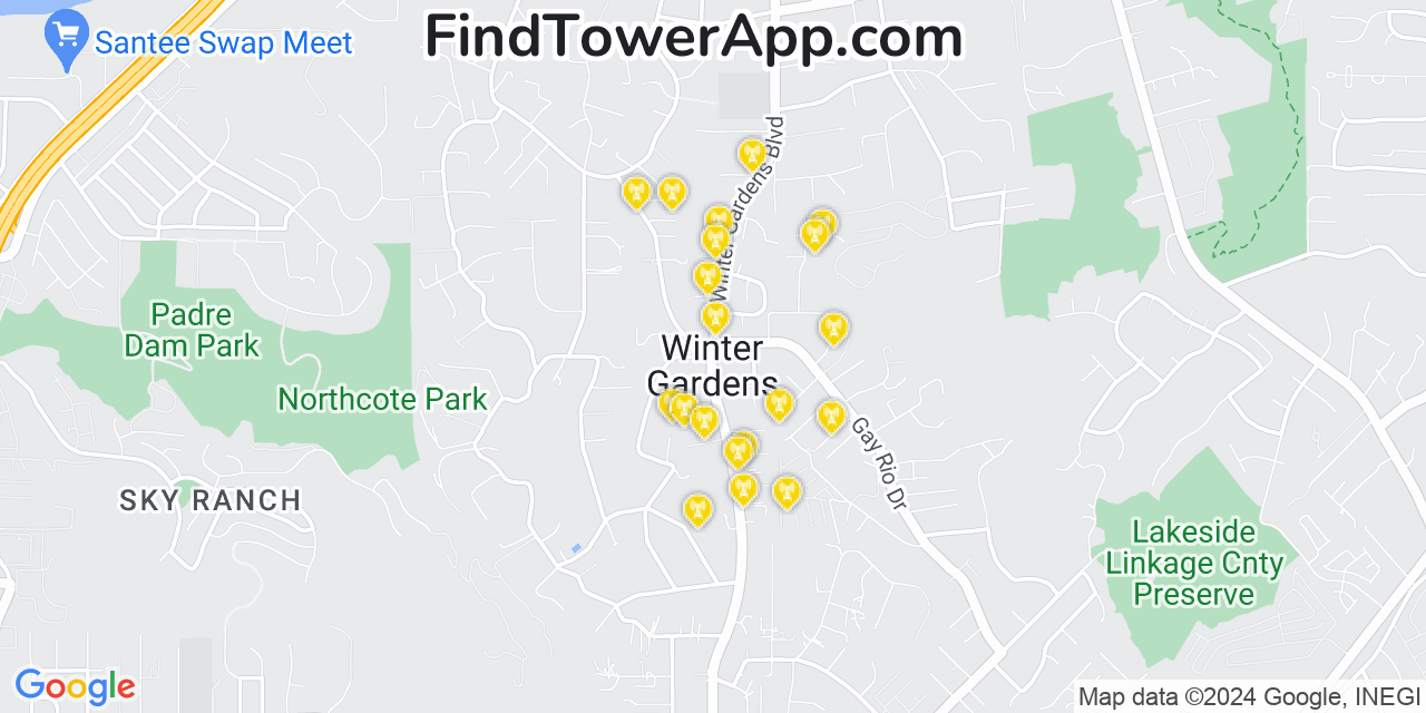 AT&T 4G/5G cell tower coverage map Winter Gardens, California