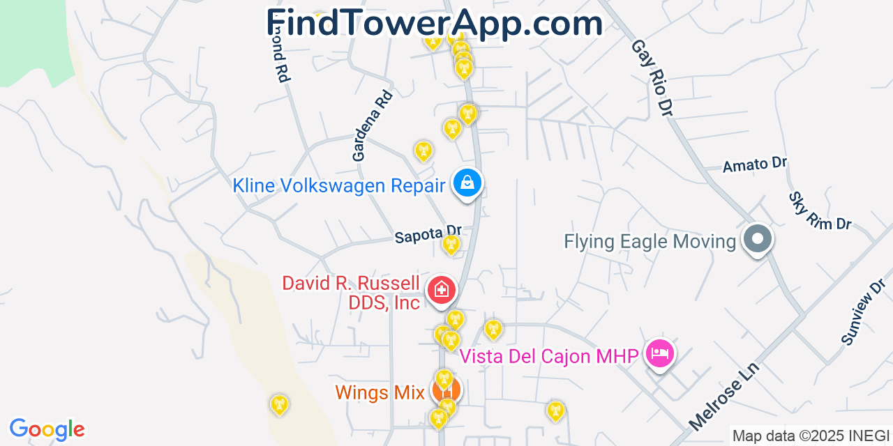 Map showing the 20 primary cell tower locations detected in Winter Gardens, California from AT&T, Verizon, and T-Mobile networks