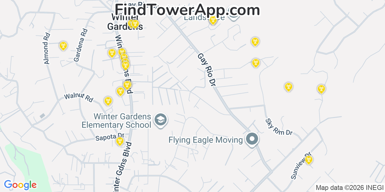 Map showing the 20 primary cell tower locations detected in Winter Gardens, California from AT&T, Verizon, and T-Mobile networks