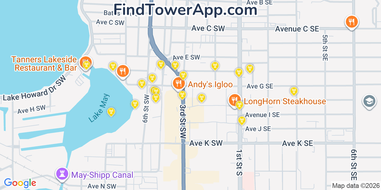 Map showing the 20 primary cell tower locations detected in Winter Haven, Florida from AT&T, Verizon, and T-Mobile networks