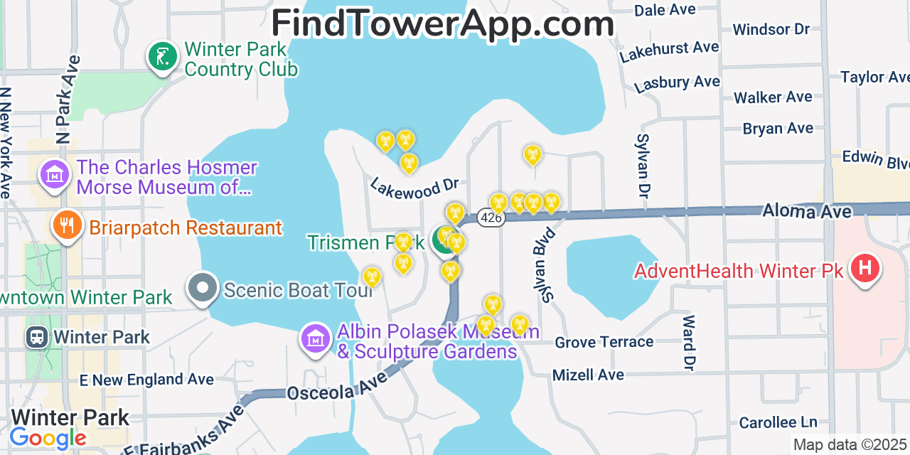 Map showing the 20 primary cell tower locations detected in Winter Park, Florida from AT&T, Verizon, and T-Mobile networks