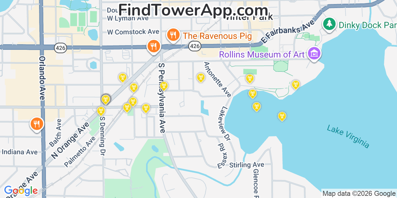 Map showing the 20 primary cell tower locations detected in Winter Park, Florida from AT&T, Verizon, and T-Mobile networks