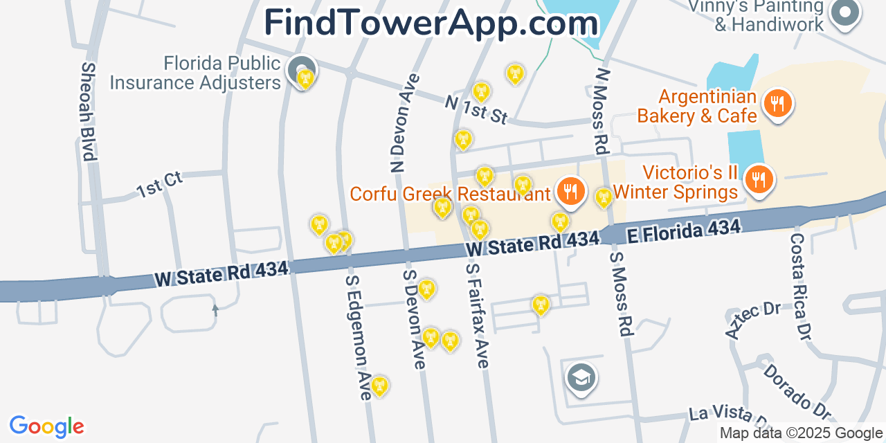 Map showing the 20 primary cell tower locations detected in Winter Springs, Florida from AT&T, Verizon, and T-Mobile networks