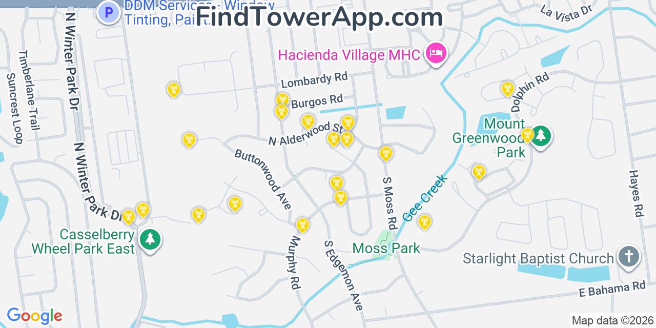Map showing the 20 primary cell tower locations detected in Winter Springs, Florida from AT&T, Verizon, and T-Mobile networks