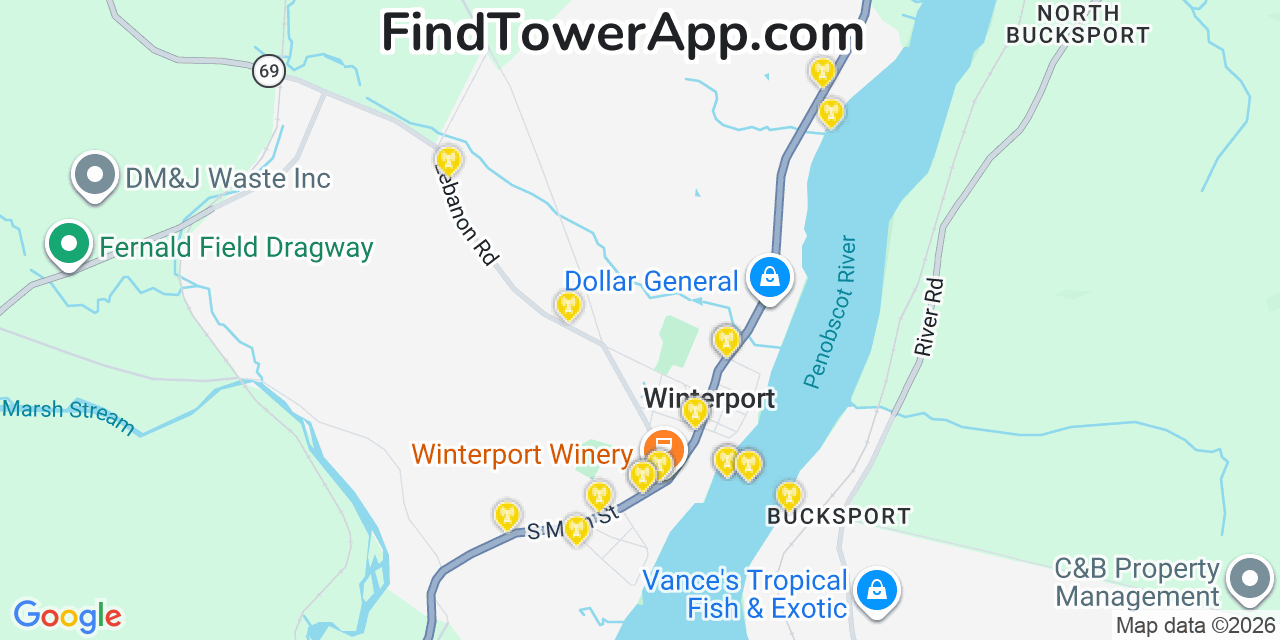 Map showing the 20 primary cell tower locations detected in Winterport, Maine from AT&T, Verizon, and T-Mobile networks