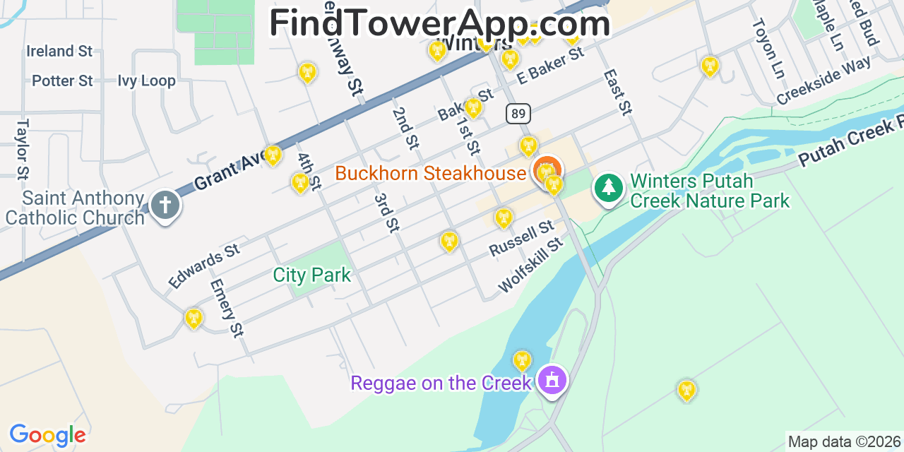 Map showing the 20 primary cell tower locations detected in Winters, California from AT&T, Verizon, and T-Mobile networks