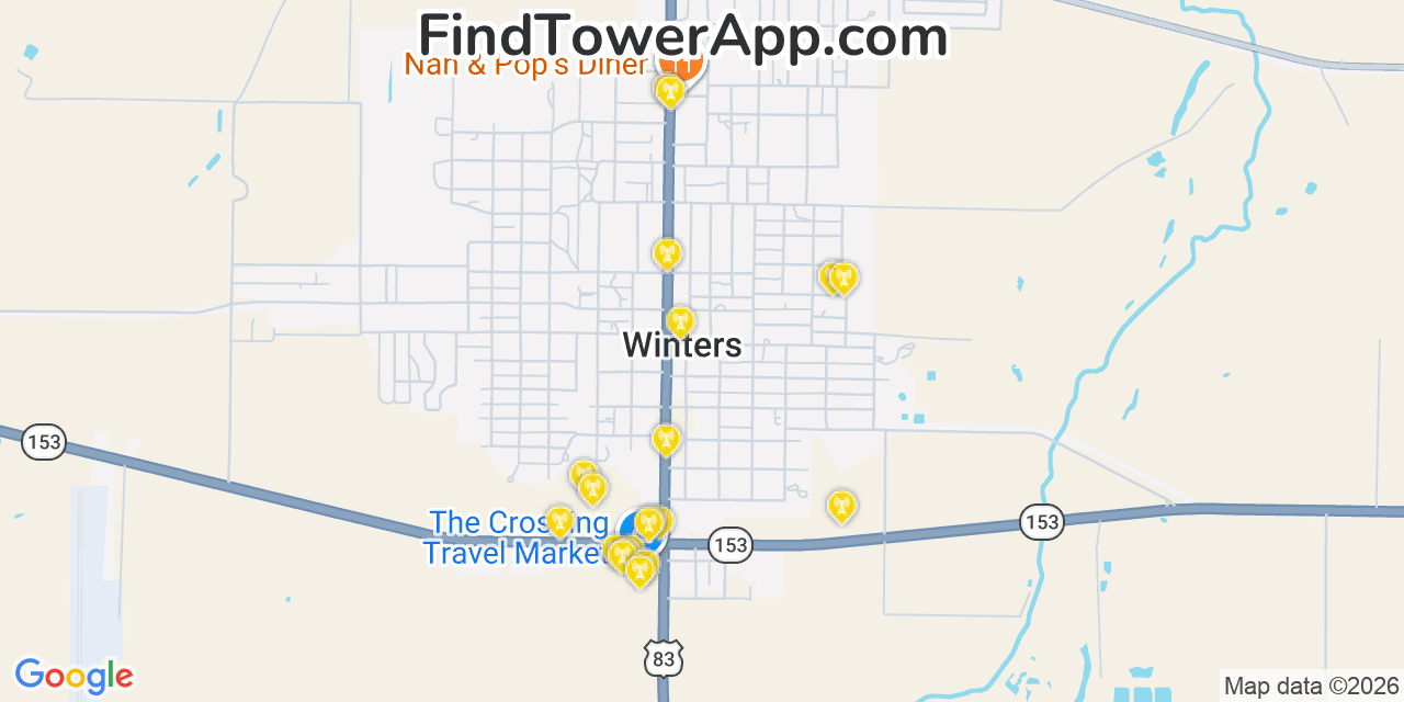 Map showing the 20 primary cell tower locations detected in Winters, Texas from AT&T, Verizon, and T-Mobile networks