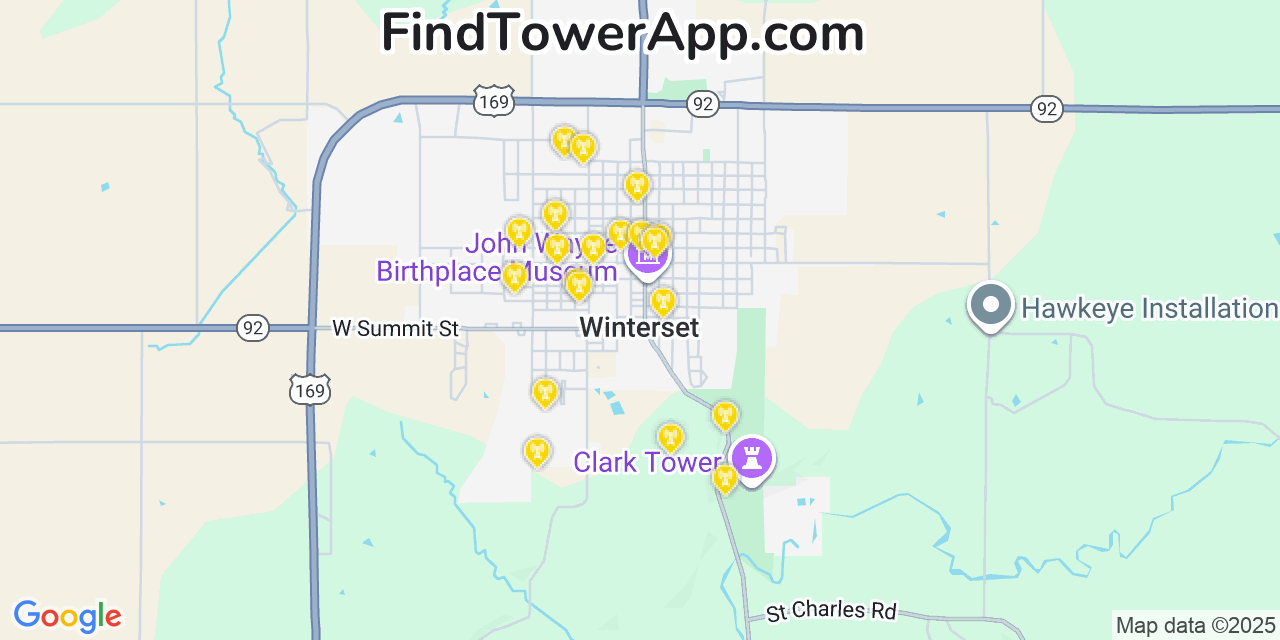Map showing the 20 primary cell tower locations detected in Winterset, Iowa from AT&T, Verizon, and T-Mobile networks