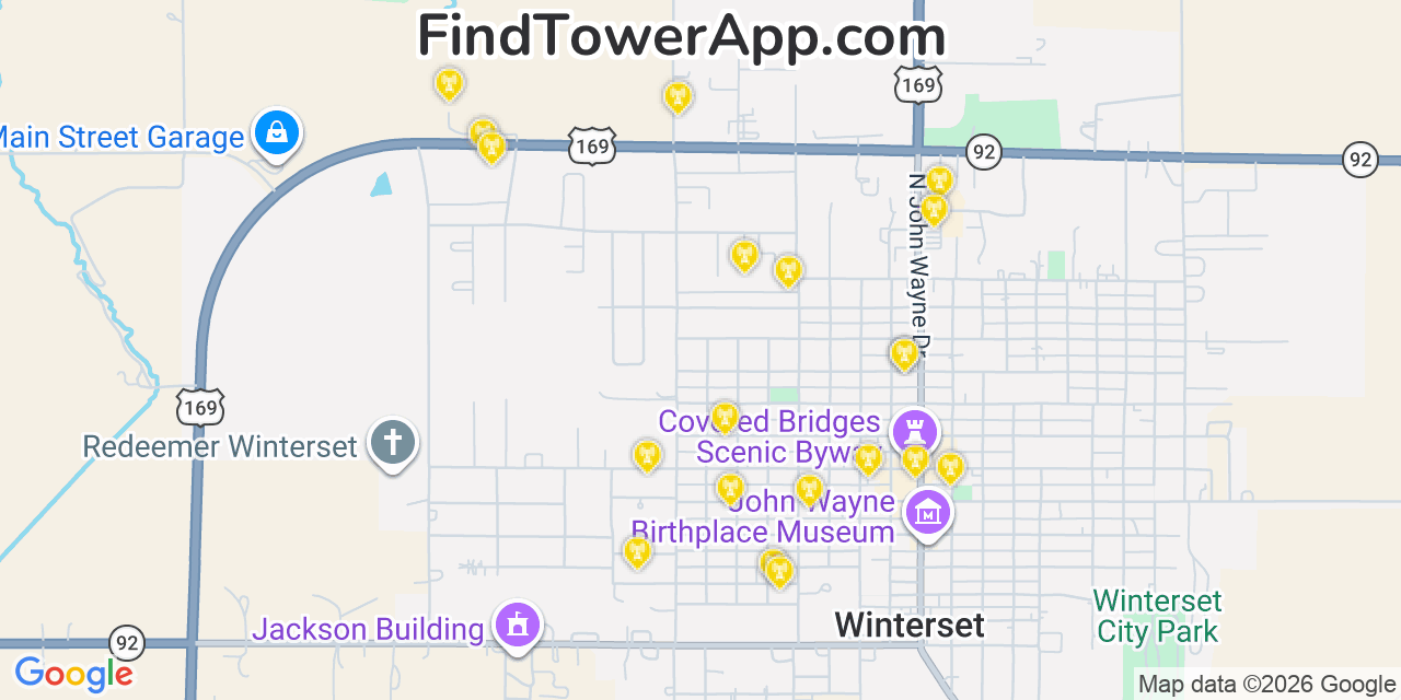 Map showing the 20 primary cell tower locations detected in Winterset, Iowa from AT&T, Verizon, and T-Mobile networks