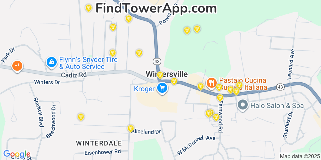 Map showing the 20 primary cell tower locations detected in Wintersville, Ohio from AT&T, Verizon, and T-Mobile networks