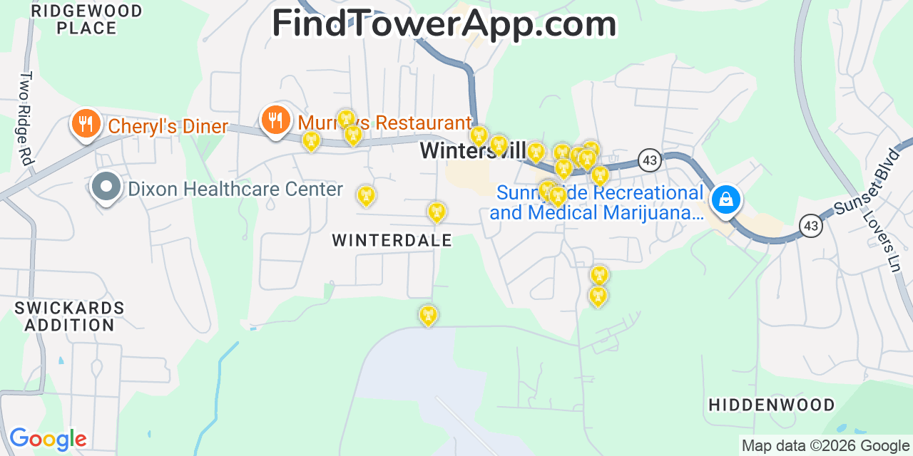 Map showing the 20 primary cell tower locations detected in Wintersville, Ohio from AT&T, Verizon, and T-Mobile networks