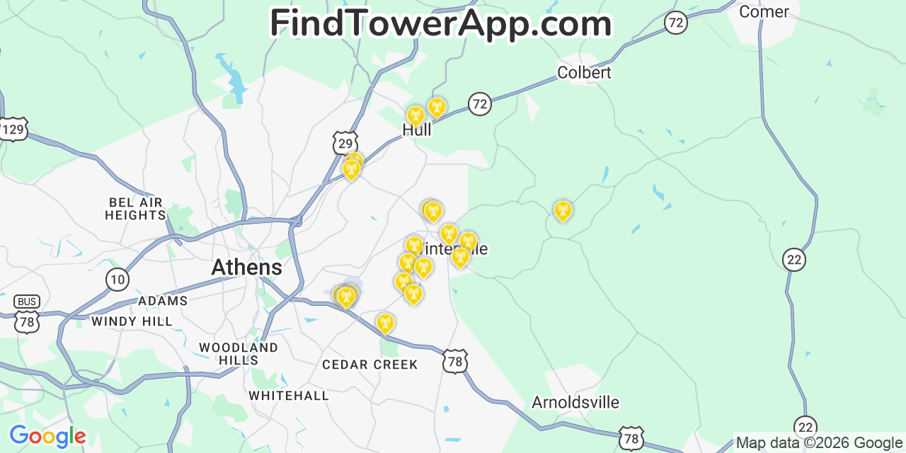 Map showing the 20 primary cell tower locations detected in Winterville, Georgia from AT&T, Verizon, and T-Mobile networks