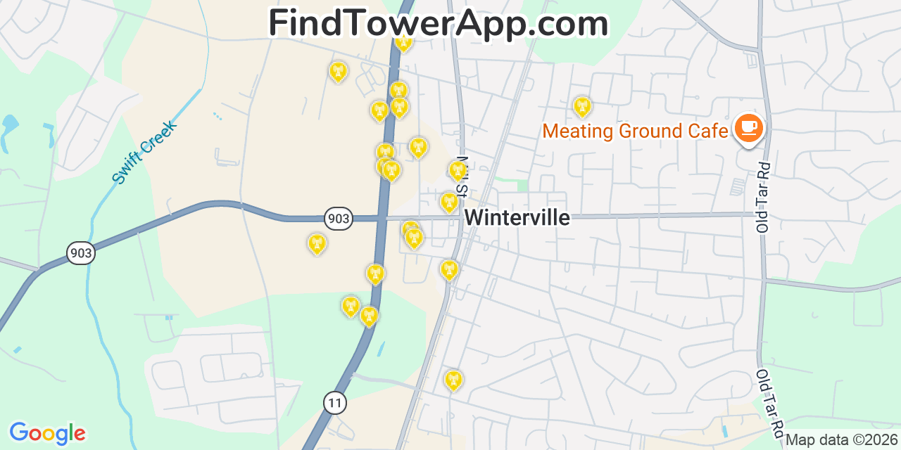 Map showing the 20 primary cell tower locations detected in Winterville, North Carolina from AT&T, Verizon, and T-Mobile networks