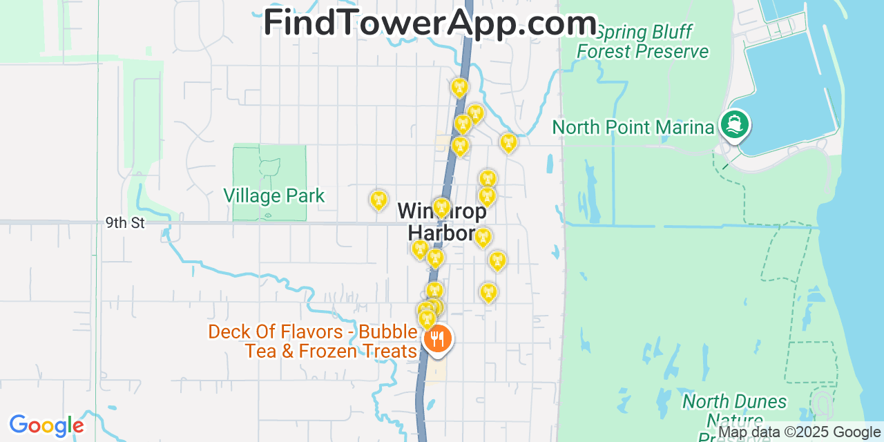 Map showing the 20 primary cell tower locations detected in Winthrop Harbor, Illinois from AT&T, Verizon, and T-Mobile networks
