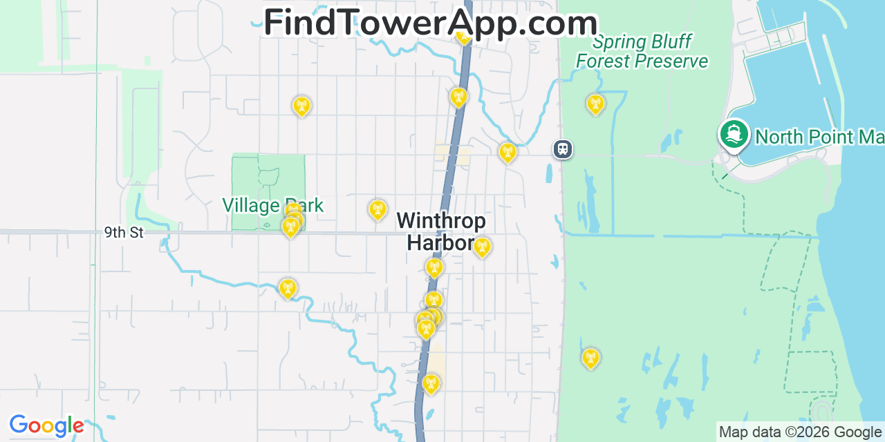 Map showing the 20 primary cell tower locations detected in Winthrop Harbor, Illinois from AT&T, Verizon, and T-Mobile networks