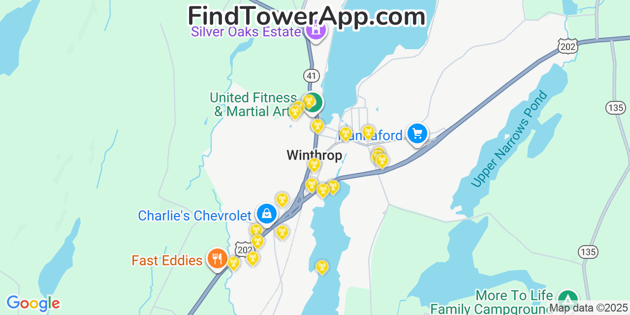 Map showing the 20 primary cell tower locations detected in Winthrop, Maine from AT&T, Verizon, and T-Mobile networks