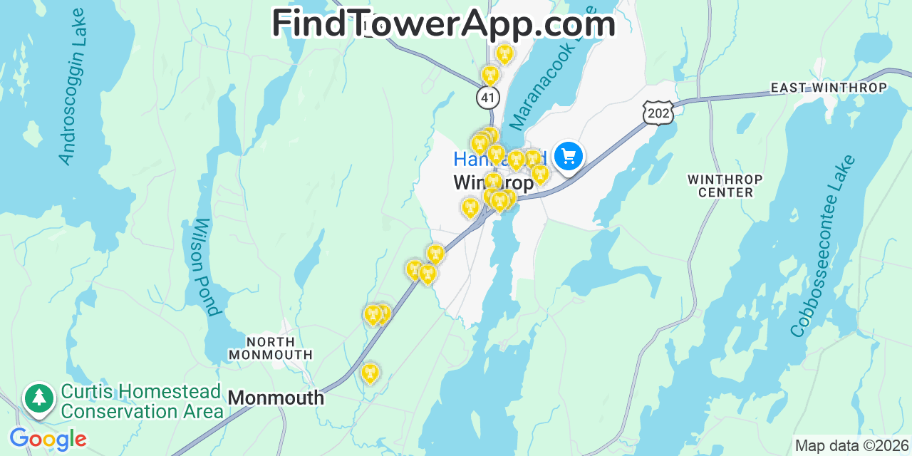 Map showing the 20 primary cell tower locations detected in Winthrop, Maine from AT&T, Verizon, and T-Mobile networks