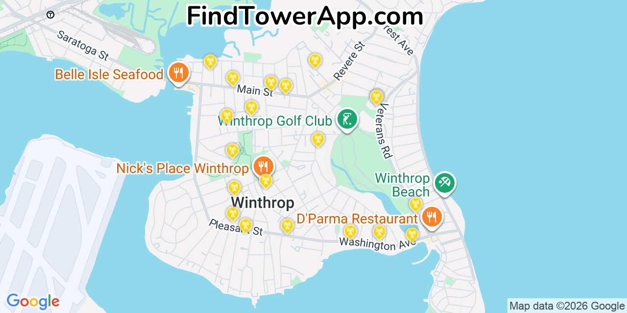Map showing the 20 primary cell tower locations detected in Winthrop, Massachusetts from AT&T, Verizon, and T-Mobile networks