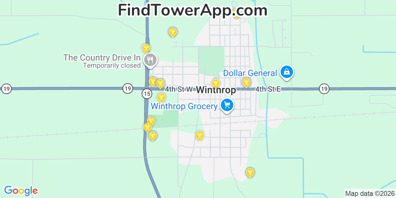 Map showing the 20 primary cell tower locations detected in Winthrop, Minnesota from AT&T, Verizon, and T-Mobile networks