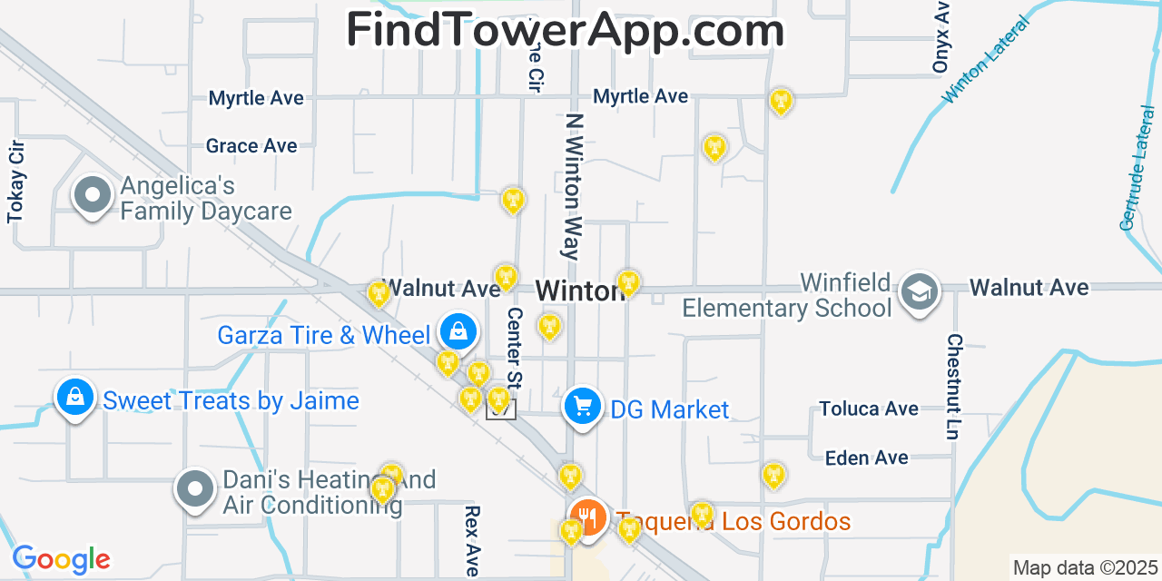Map showing the 20 primary cell tower locations detected in Winton, California from AT&T, Verizon, and T-Mobile networks