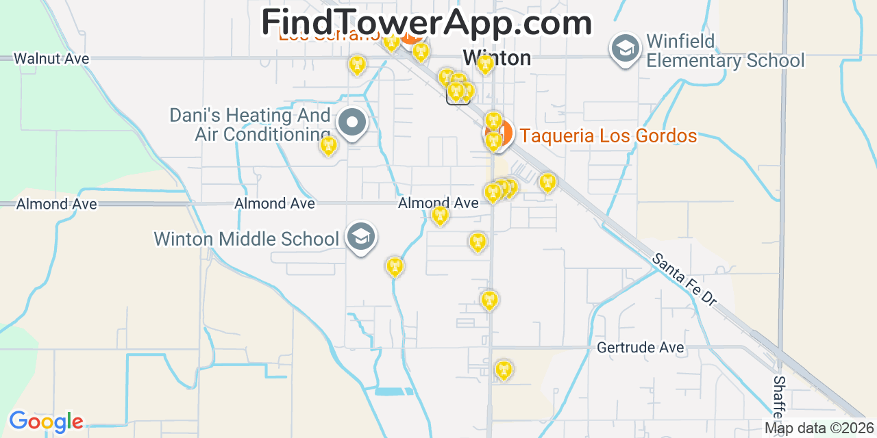 Map showing the 20 primary cell tower locations detected in Winton, California from AT&T, Verizon, and T-Mobile networks