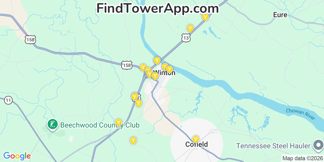 Map showing the 20 primary cell tower locations detected in Winton, North Carolina from AT&T, Verizon, and T-Mobile networks