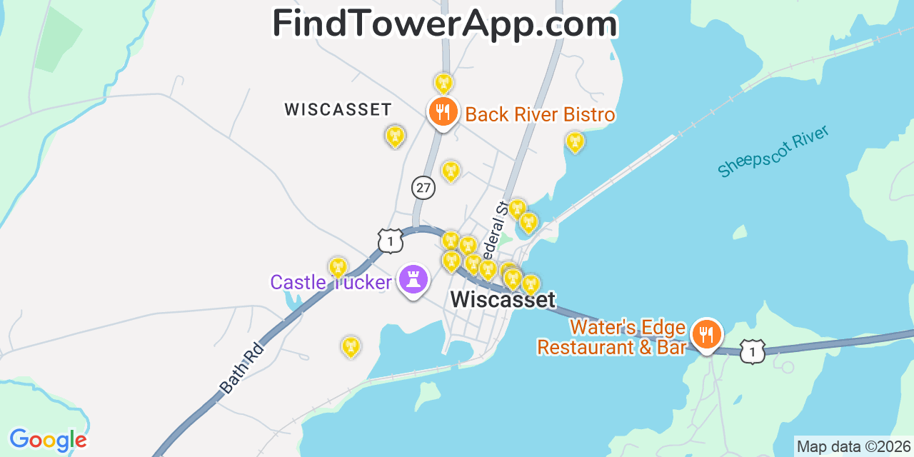 Map showing the 20 primary cell tower locations detected in Wiscasset, Maine from AT&T, Verizon, and T-Mobile networks