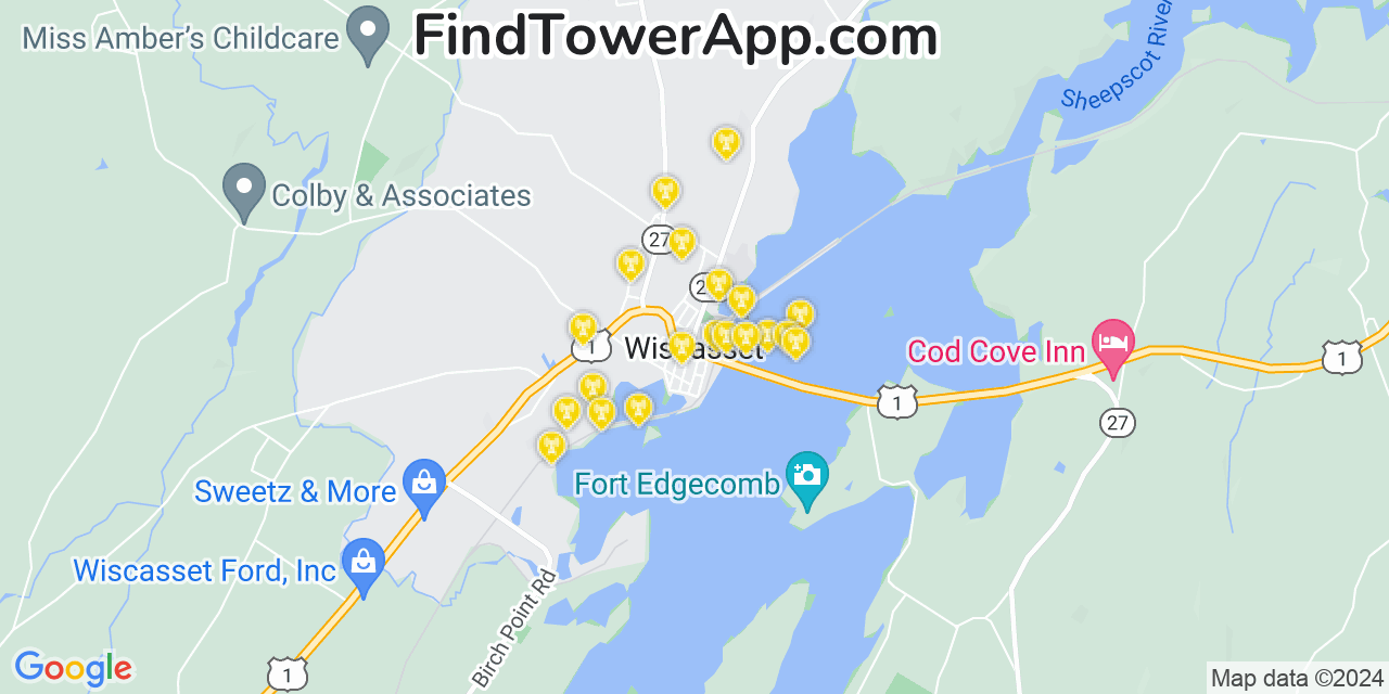 Verizon 4G/5G cell tower coverage map Wiscasset, Maine