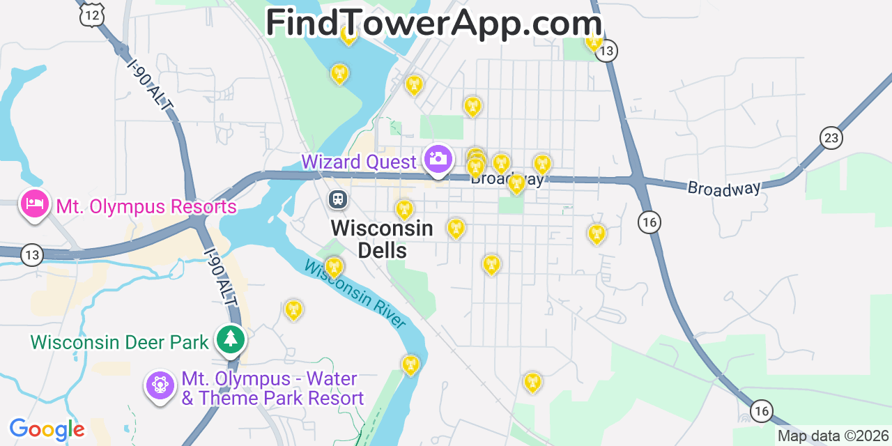 Map showing the 20 primary cell tower locations detected in Wisconsin Dells, Wisconsin from AT&T, Verizon, and T-Mobile networks