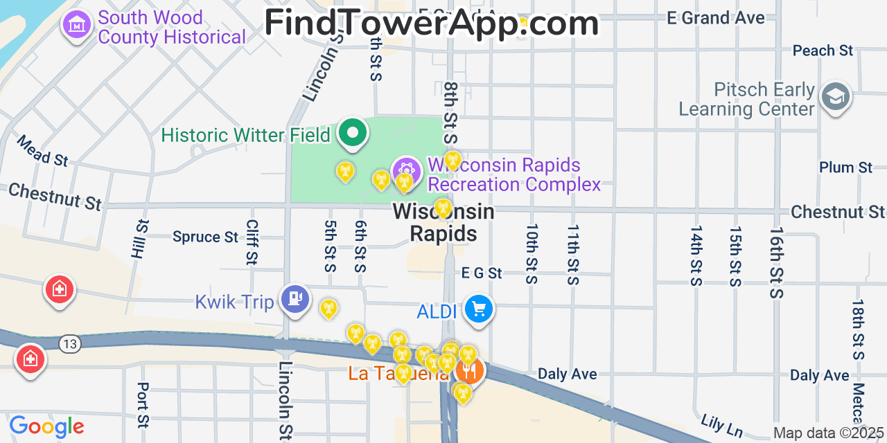 Map showing the 20 primary cell tower locations detected in Wisconsin Rapids, Wisconsin from AT&T, Verizon, and T-Mobile networks