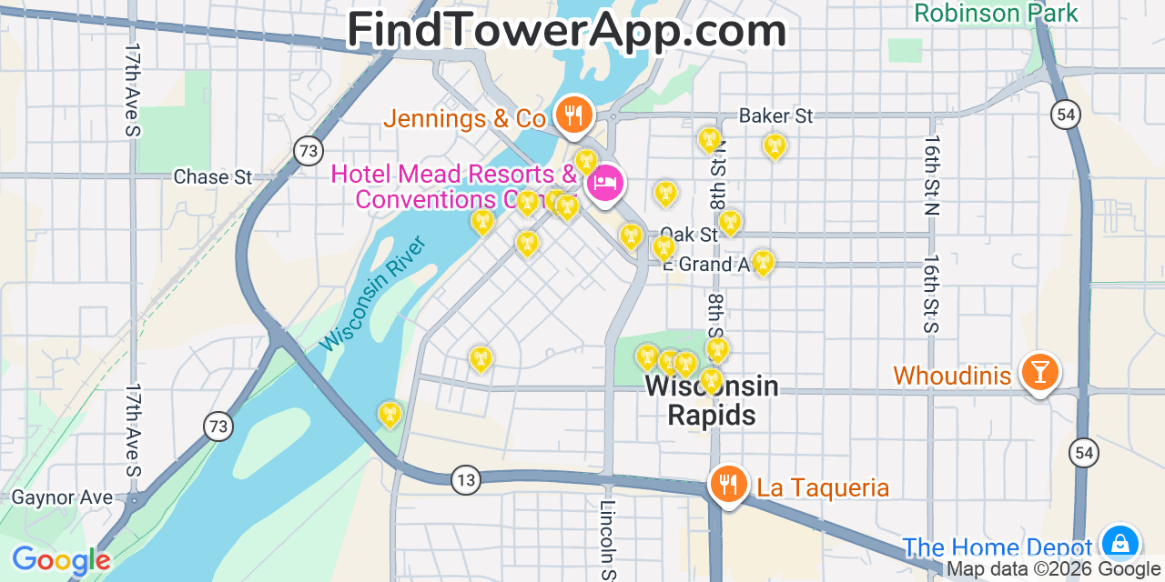 Map showing the 20 primary cell tower locations detected in Wisconsin Rapids, Wisconsin from AT&T, Verizon, and T-Mobile networks