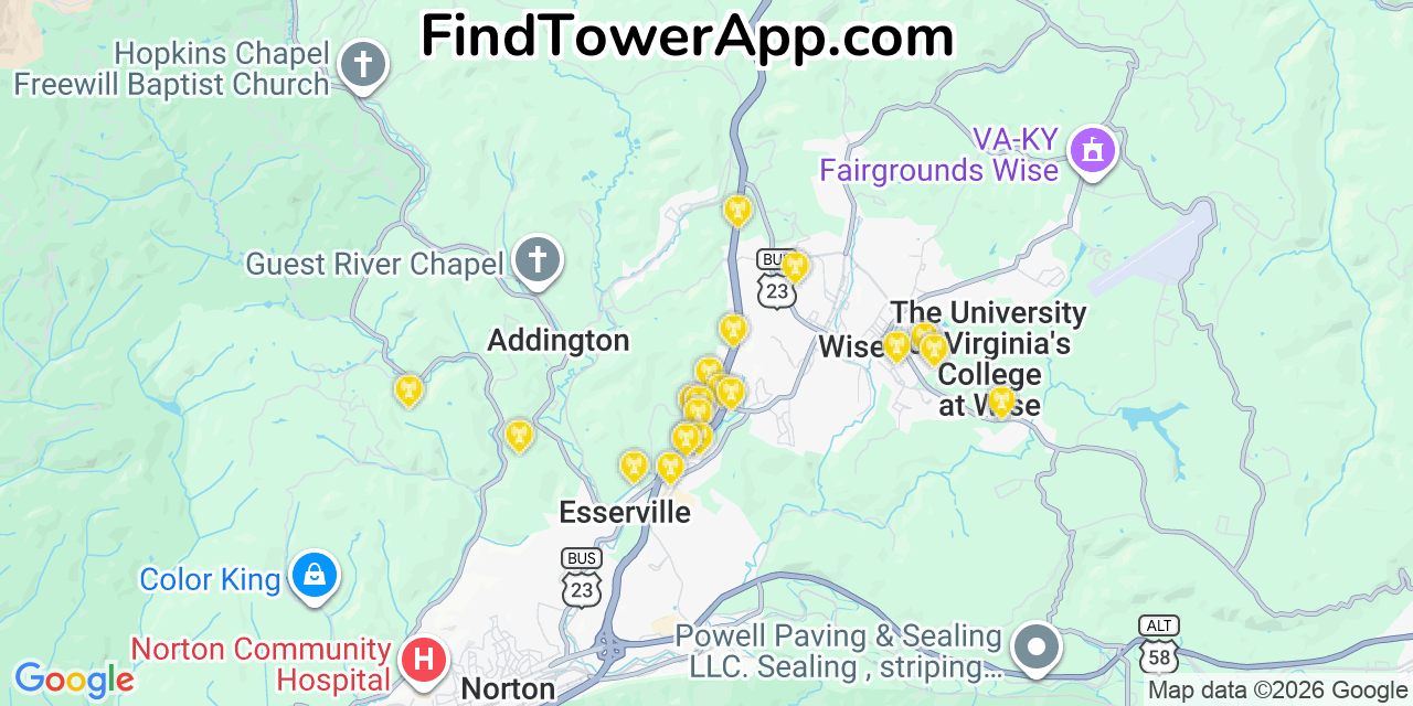 Map showing the 20 primary cell tower locations detected in Wise, Virginia from AT&T, Verizon, and T-Mobile networks
