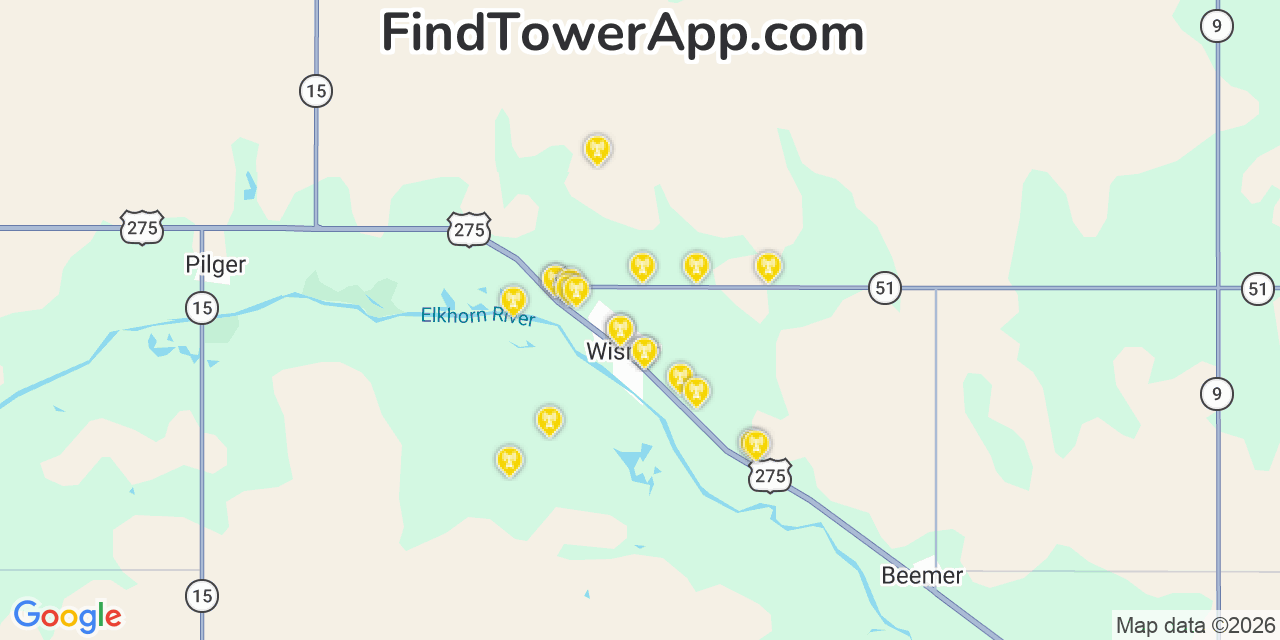 Map showing the 20 primary cell tower locations detected in Wisner, Nebraska from AT&T, Verizon, and T-Mobile networks