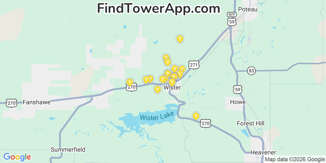 Map showing the 20 primary cell tower locations detected in Wister, Oklahoma from AT&T, Verizon, and T-Mobile networks