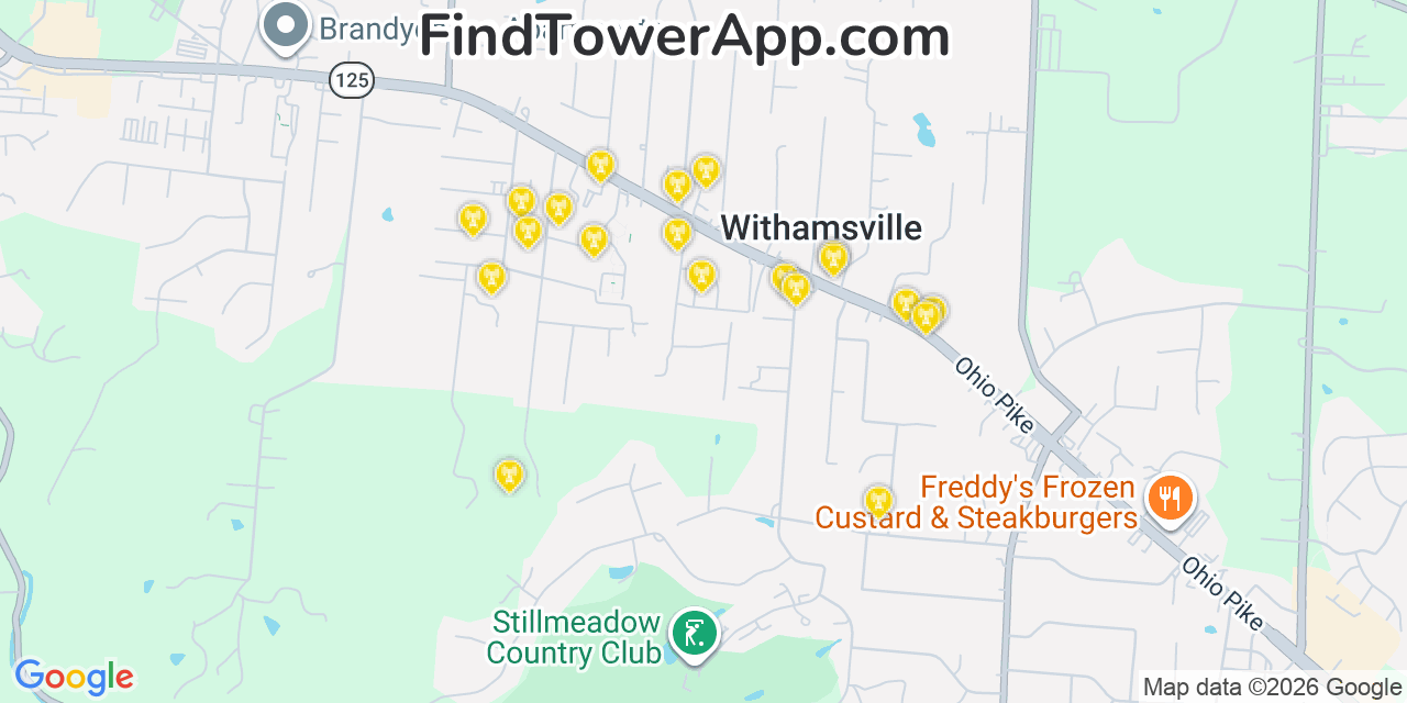 Map showing the 20 primary cell tower locations detected in Withamsville, Ohio from AT&T, Verizon, and T-Mobile networks