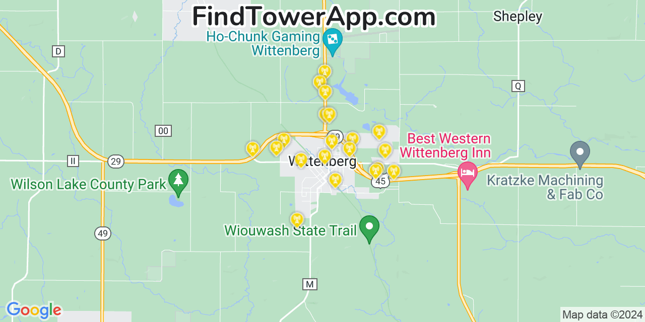 AT&T 4G/5G cell tower coverage map Wittenberg, Wisconsin