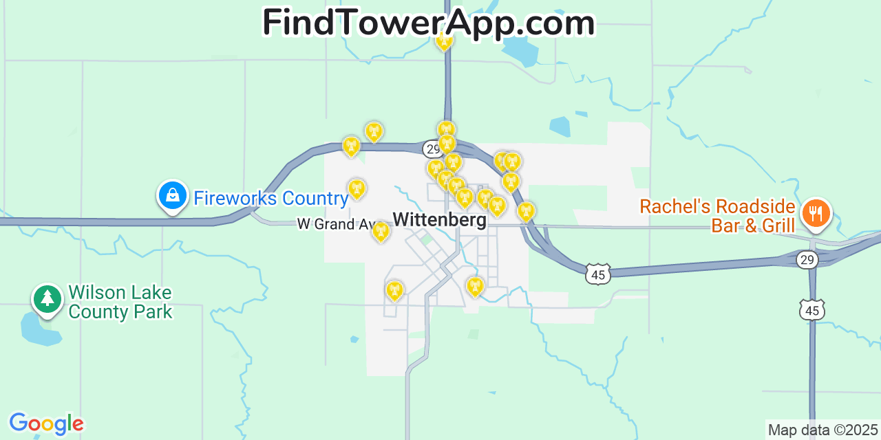 Map showing the 20 primary cell tower locations detected in Wittenberg, Wisconsin from AT&T, Verizon, and T-Mobile networks