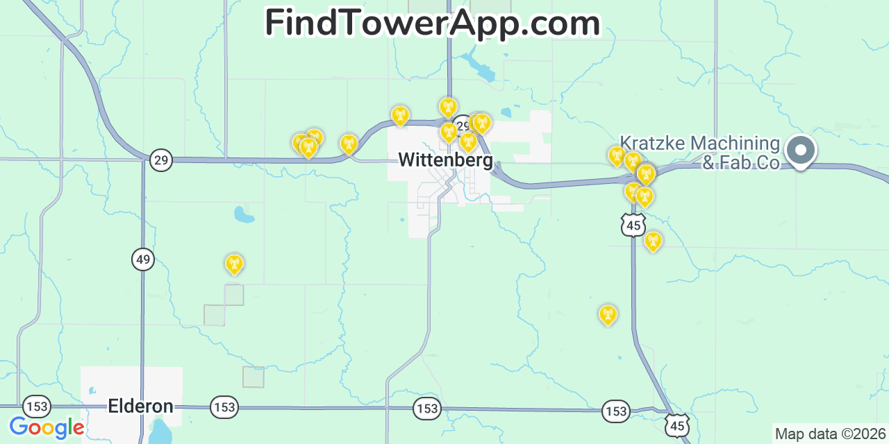 Map showing the 20 primary cell tower locations detected in Wittenberg, Wisconsin from AT&T, Verizon, and T-Mobile networks