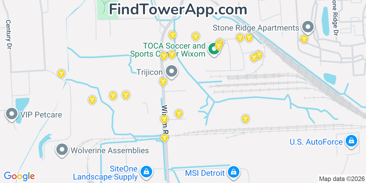Map showing the 20 primary cell tower locations detected in Wixom, Michigan from AT&T, Verizon, and T-Mobile networks