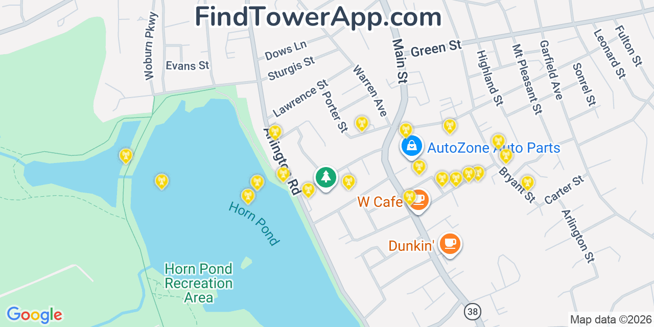 Map showing the 20 primary cell tower locations detected in Woburn, Massachusetts from AT&T, Verizon, and T-Mobile networks