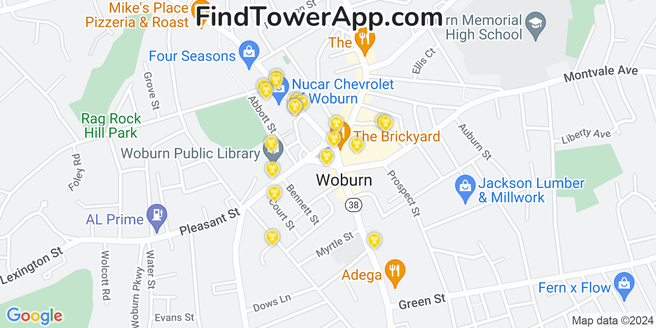 Verizon 4G/5G cell tower coverage map Woburn, Massachusetts