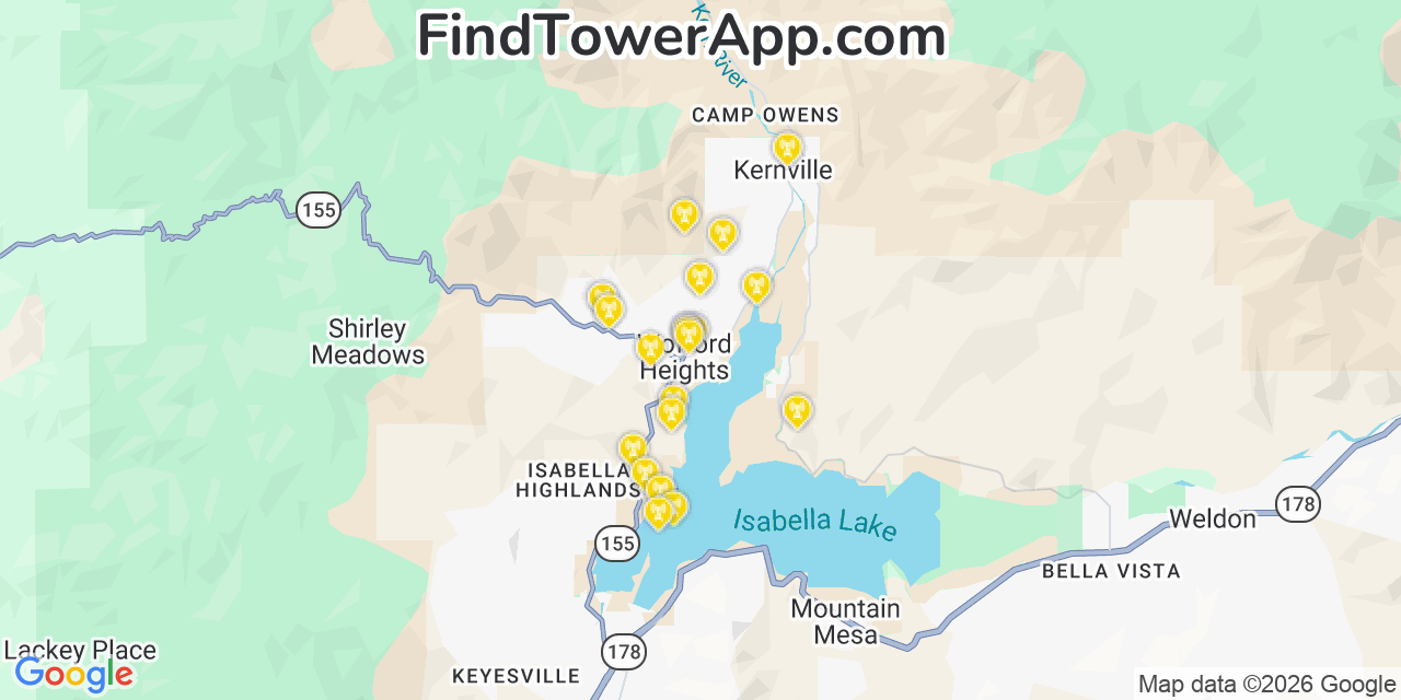 Map showing the 20 primary cell tower locations detected in Wofford Heights, California from AT&T, Verizon, and T-Mobile networks