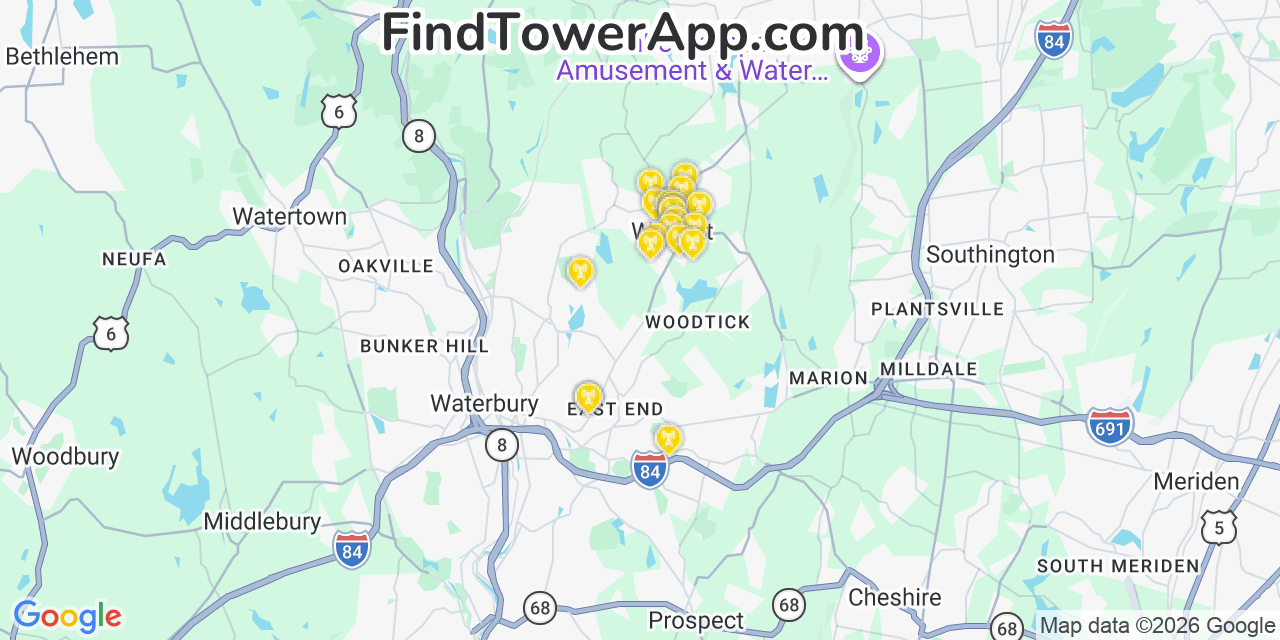 Map showing the 20 primary cell tower locations detected in Wolcott, Connecticut from AT&T, Verizon, and T-Mobile networks